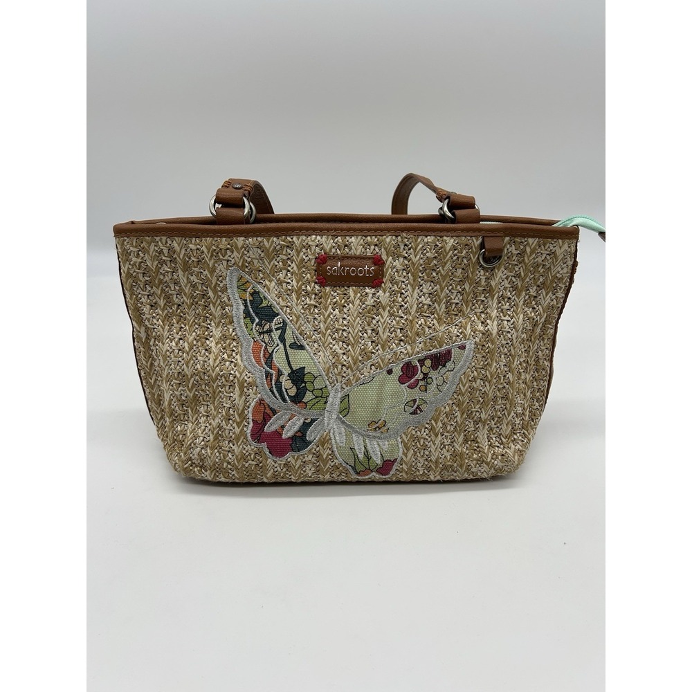 Sakroots Butterfly Straw Satchel Bag Boho Woven Peace Purse Embroidered Medium